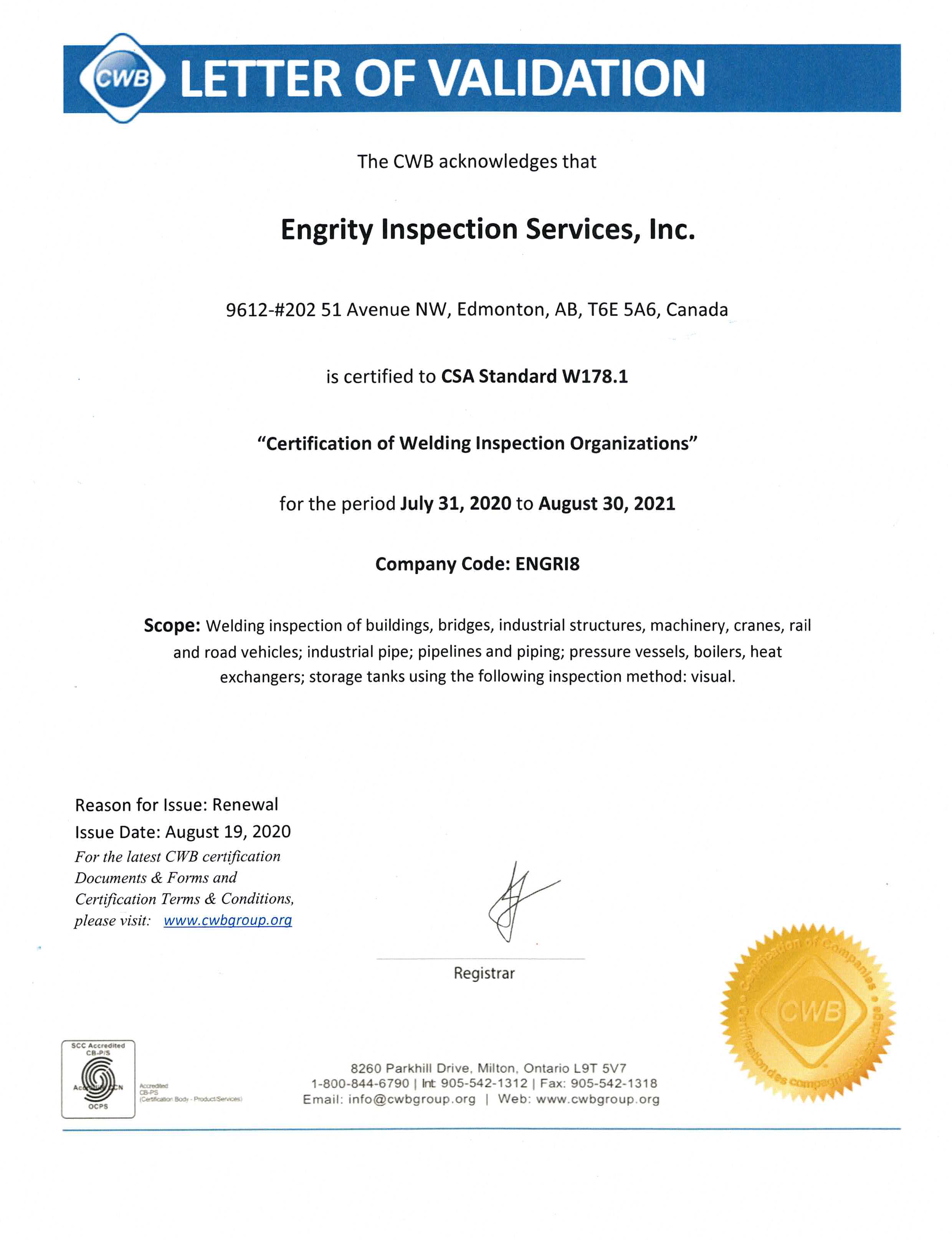 CWB Certificate Engrity Inspection Services Inc